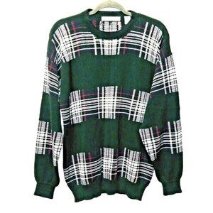 IZOD Mens Sweater plaid green white Pullover Sz L long sleeve Cotton Christmas